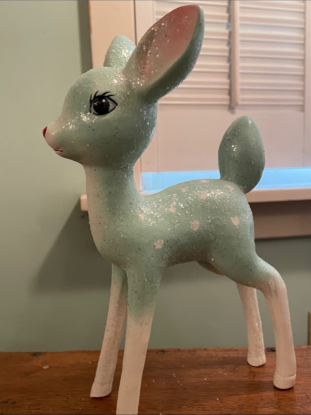 Retro Vintage Inspired Mint Green Ceramic Fawn Crystalline Glaze Kitschy Figure